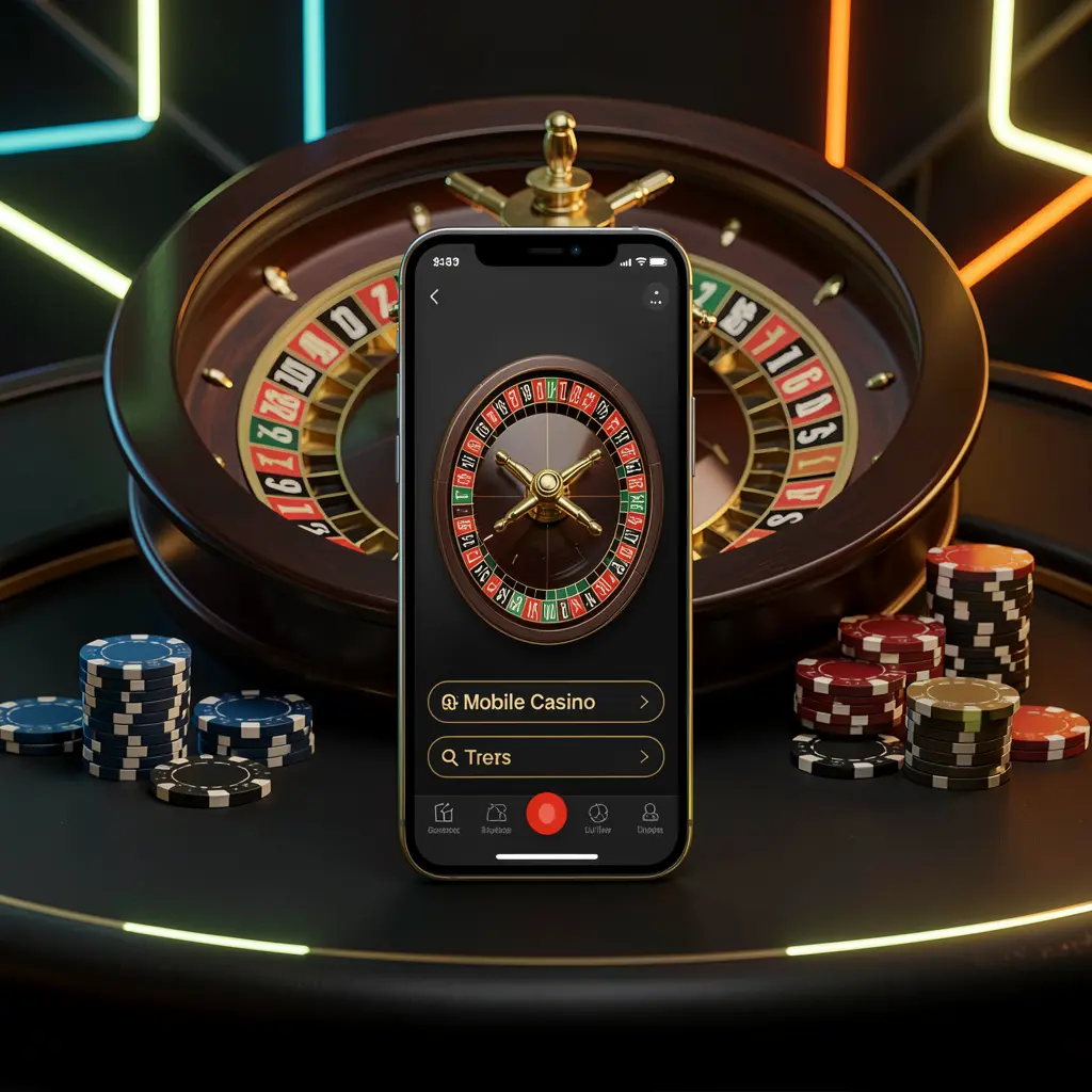 PH188 mobile casino application scene featuring a phone in the center with a roulette wheel and poker chips in the background, illuminated by glowing neon lights in a premium black and gold style