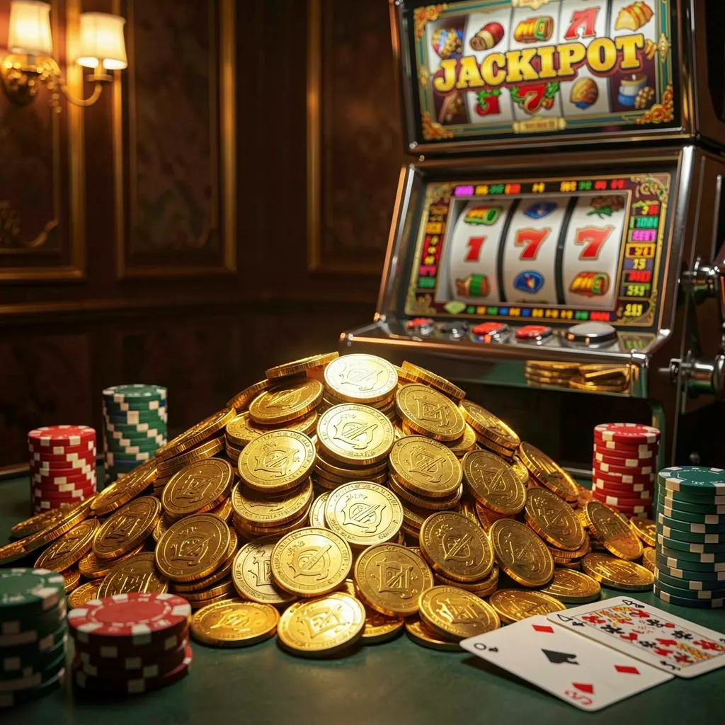 PH188 jackpot bonus scene featuring a huge pile of golden coins, a slot machine in the background, poker chips, and playing cards under cinematic luxury lighting