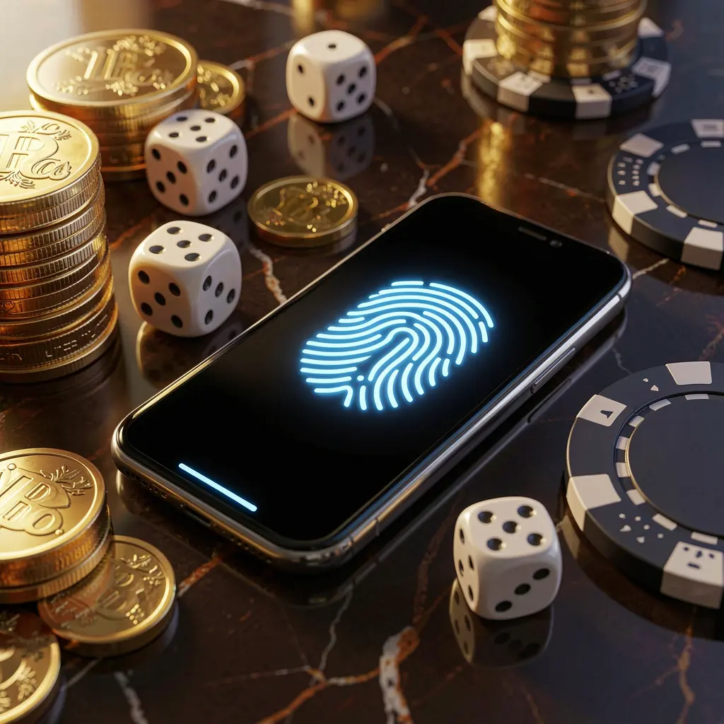 PH188 online gaming account access scene showing a smartphone with a glowing fingerprint icon, golden coins, dice, and poker chips on a glossy table under cinematic lighting
