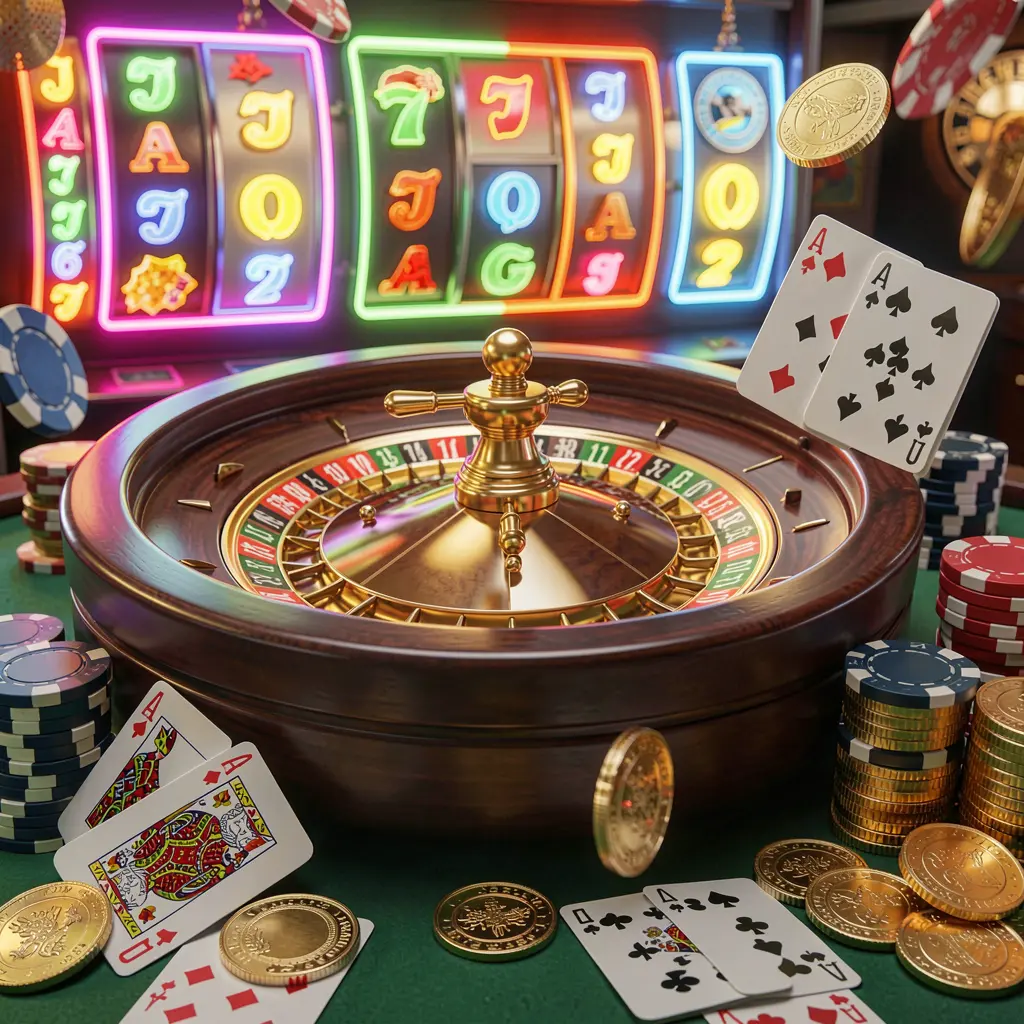 PH188 casino homepage visual featuring a realistic 3D render of a roulette wheel, poker chips, cards, golden coins, and jackpot lights with bright neon glow in a dynamic composition